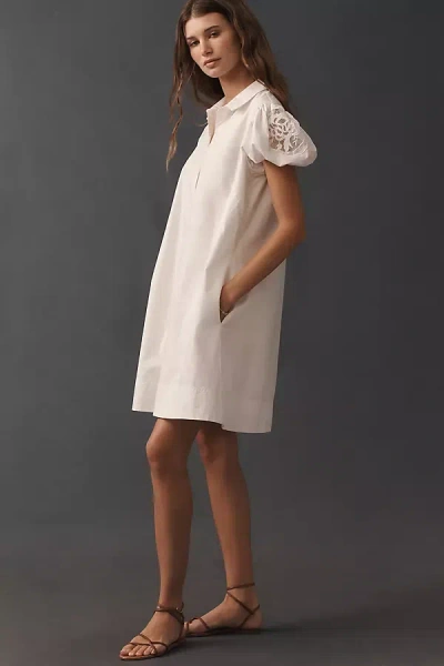 Maeve Embroidered Puff-sleeve Mini Shirt Dress In White