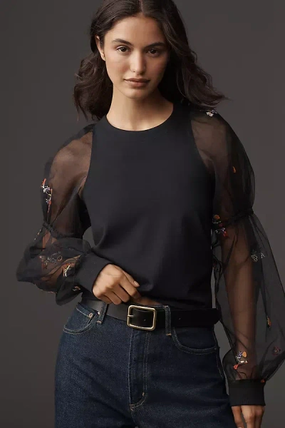 Maeve Embroidered Sheer-sleeve Pullover In Black