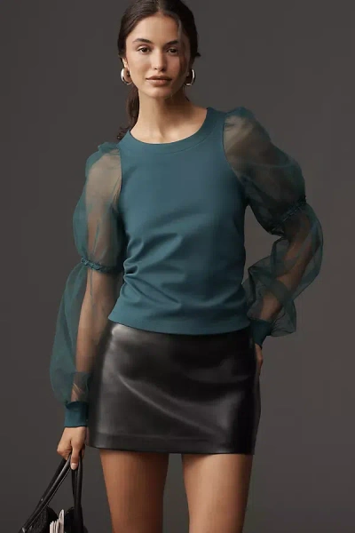 Maeve Embroidered Sheer-sleeve Pullover In Green