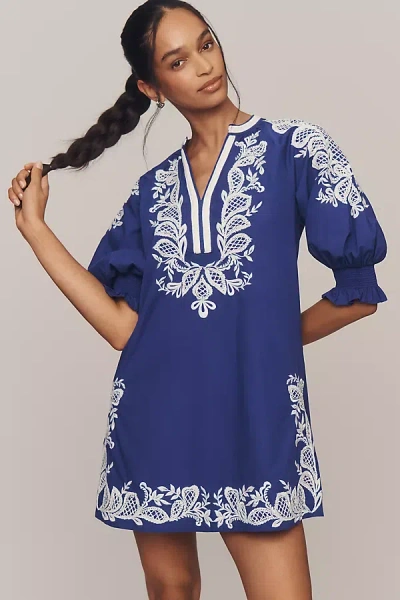 Maeve Embroidered V-neck Mini Dress In Blue