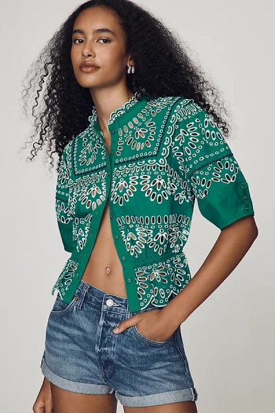 Maeve Eyelet Buttondown Peplum Blouse In Green