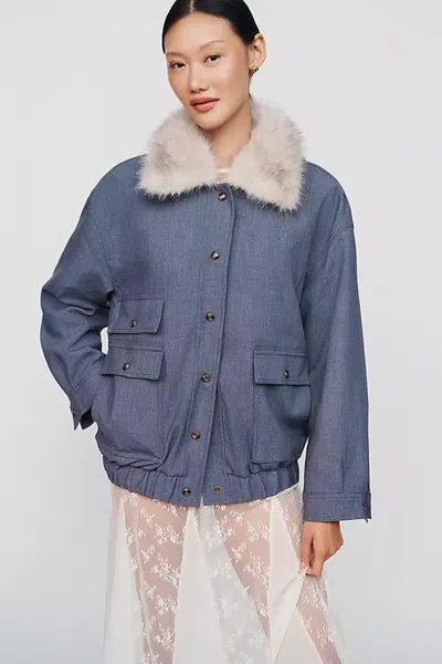 Maeve Faux Fur Collar Barn Jacket In Blue