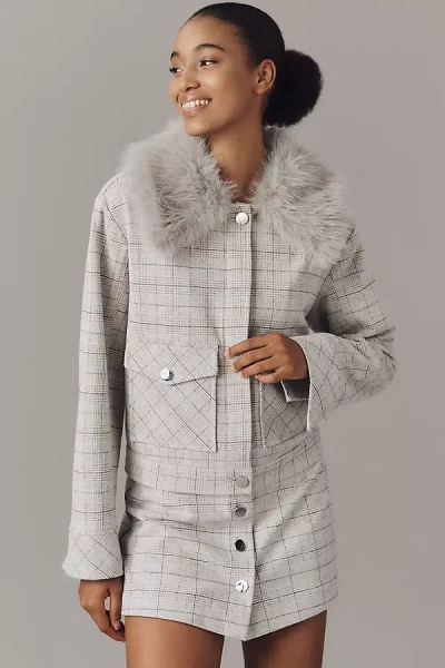 Maeve Faux-fur Collar Plaid Jacket In Gray