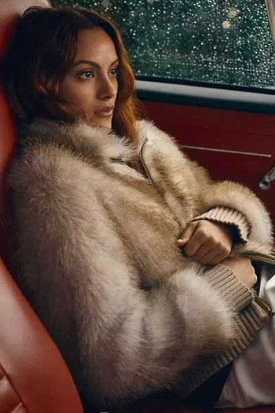 Maeve Cropped Faux-fur Coat Jacket In Nude