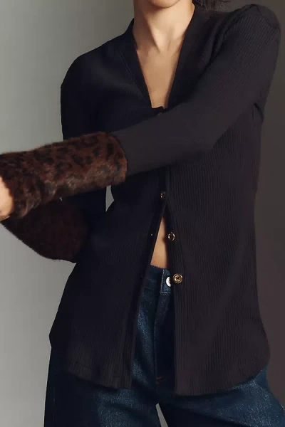 Maeve Faux Fur Cuff Button-front Knit Top In Black