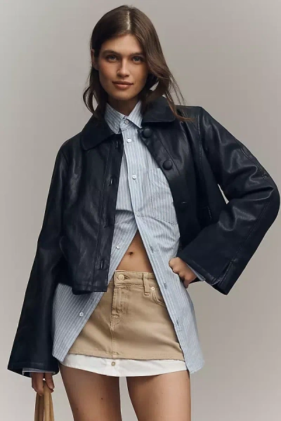 Maeve Faux Leather Retro Swing Jacket In Blue