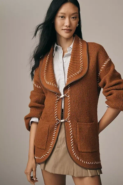 Maeve Faux-leather Trim Whipstitch Cardigan Sweater In Brown