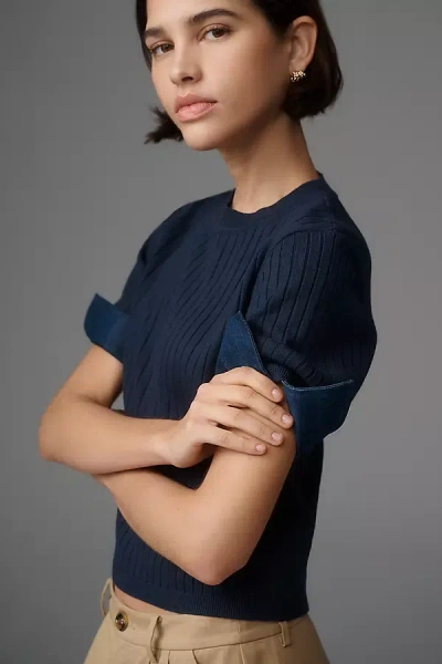 Maeve Fitted Mixed-media Denim Cuffed Short-sleeve Sweater In Blue