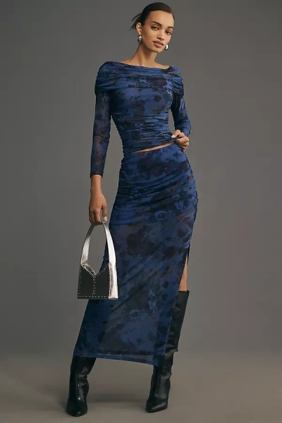 Maeve Fitted Ruched Mesh Maxi Skirt In Blue