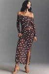 Maeve Fitted Ruched Mesh Maxi Skirt In Brown