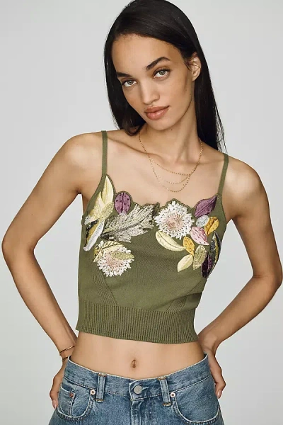 Maeve Floral Embroidered Knit Tank Top In Green