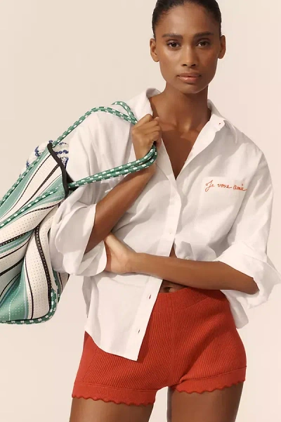Maeve French Sayings Buttondown Shirt In White