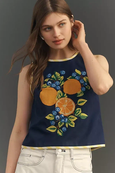 Maeve Fruit Embroidered Halter Top In Blue