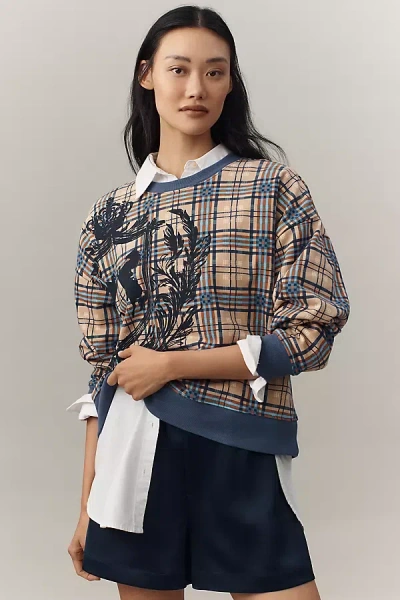 Maeve Graphic Plaid Sweatshirt In Beige