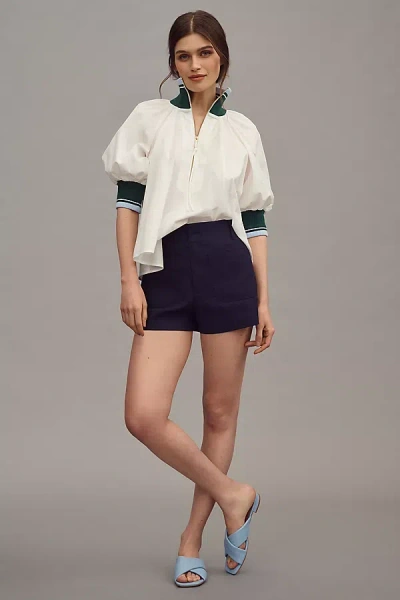 Maeve Half-zip Puff-sleeve Sporty Henley Blouse In White