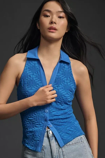Maeve Halter Collared Ruched Tank Top In Blue