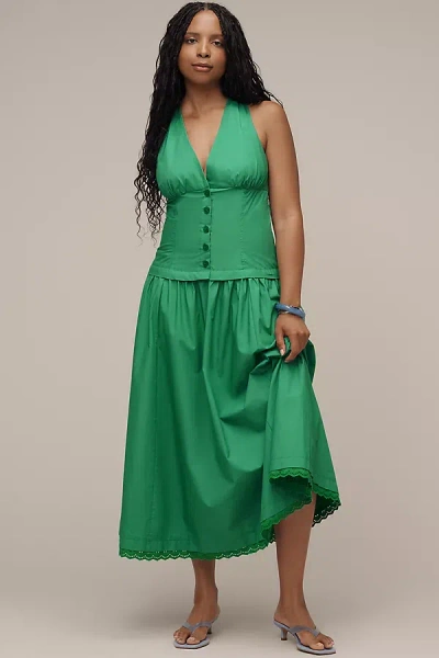 Maeve Halter V-neck Drop-waist Midi Dress In Green