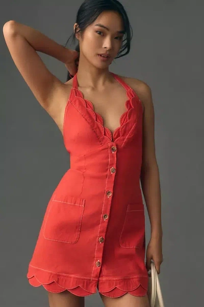 Maeve Halter V-neck Scallop Mini Dress In Red