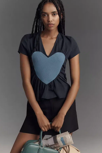 Maeve Heart Embellished V-neck Tee In Blue