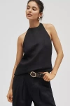 Maeve High-neck Linen Asymmetric Long Tank Top In Black