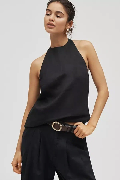 Maeve High-neck Linen Asymmetric Long Tank Top In Black