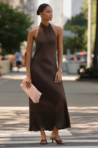 Maeve Jamie Satin Halter Maxi Dress In Brown