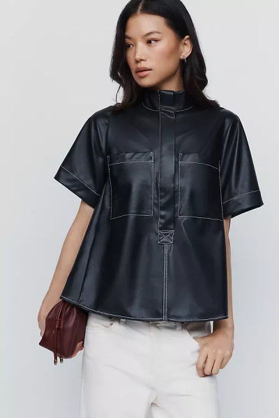 Maeve Jeannie Faux Leather Mock Neck Top In Black