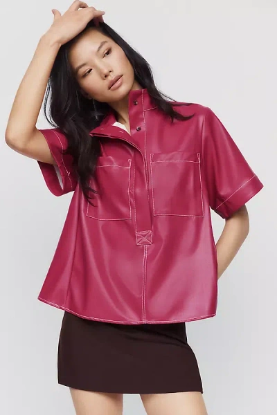Maeve Jeannie Faux Leather Mock Neck Top In Pink