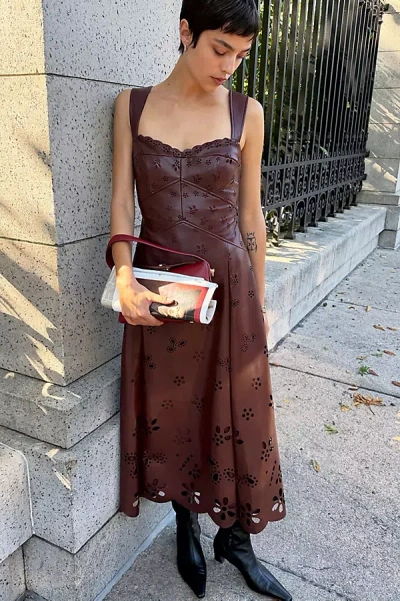 Maeve Jocelyn Faux Leather Cutwork Midi Dress In Brown