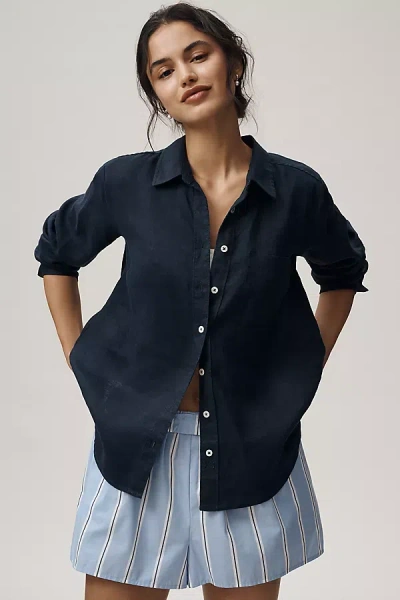 Maeve Kate 100% European Linen Classic Buttondown Shirt In Blue