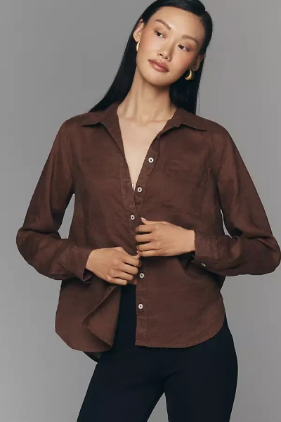 Maeve Kate 100% European Linen Classic Buttondown Shirt In Brown