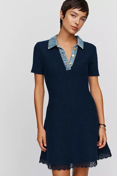 Maeve Knit Denim And Lace Mini Dress In Blue