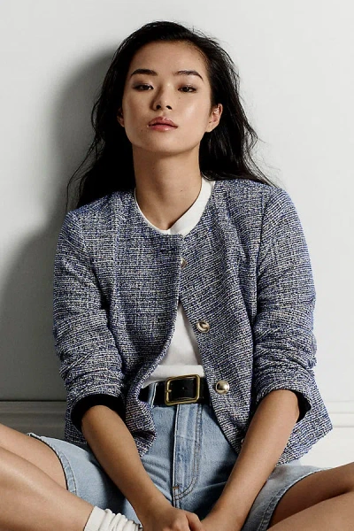 Maeve Knit Tweed Blazer Jacket In Blue