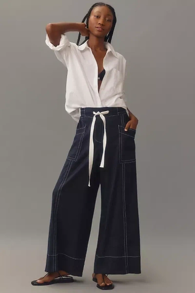 Maeve La Ponche Linen Pull-on Wide-leg Pants In Blue