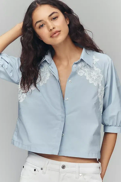 Maeve Lace Half-sleeve Crop Buttondown Shirt In Blue