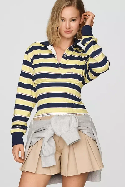 Maeve Lace-trim Corset Long-sleeve Polo Top In Yellow
