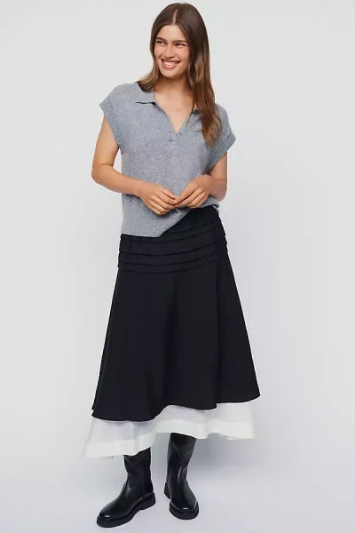 Maeve Layered Ruched Midi Skirt In Black