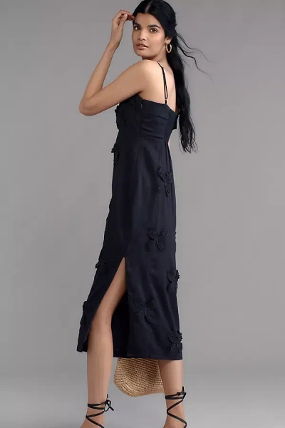 Maeve Linen Blend Appliqué Midi Dress In Black