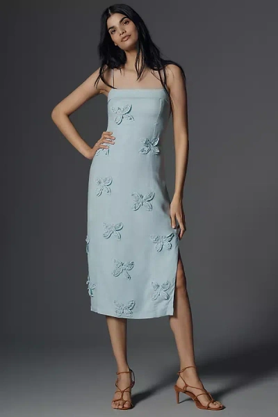 Maeve Linen Blend Appliqué Midi Dress In Blue