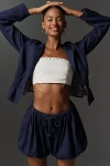 Maeve Linen Blend Cabana Bloomer Bubble Shorts In Blue