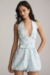 Maeve Linen Blend Halter 3d Floral Embellished Belted Bubble Romper In Brown