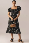 Maeve Linen Blend Puff-sleeve Sweetheart Midi Dress In Multicolor