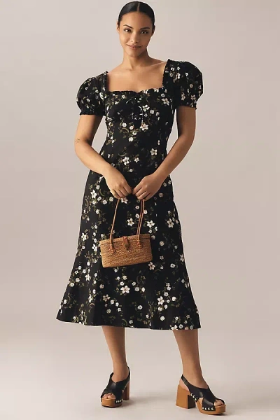Maeve Linen Blend Puff-sleeve Sweetheart Midi Dress In Multicolor