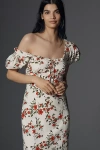 Maeve Linen Blend Puff-sleeve Sweetheart Midi Dress In White