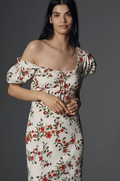 Maeve Linen Blend Puff-sleeve Sweetheart Midi Dress In White
