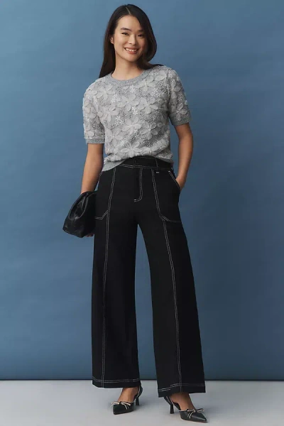 Maeve Linen Blend Top-stitch Wide-leg Pants In Black