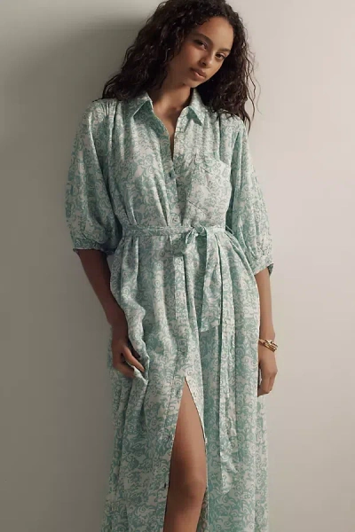 Maeve Linen Button-front Belted Maxi Shirt Dress In Blue