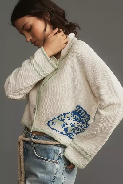 Maeve Linen Cropped Fish Cardigan Sweater In White