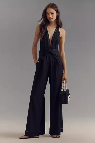 Maeve Linen Halter Bow Jumpsuit In Black