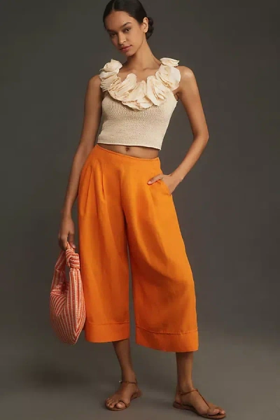 Maeve Linen Pleat-front Wide-leg Culottes Pants In Orange